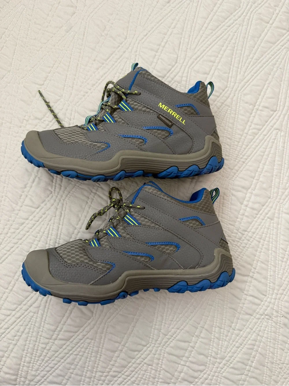 Merrell Gray and Blue Trail boots with Neon Green Accents